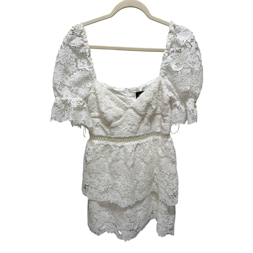 Bardot Dress Womens 6 White Lace Mini Fit & Flare Puff Sleeve Coquette Bridal